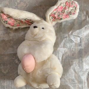 EASTER BUNNY PLUSH 19” VINTAGE STUFFED ANIMAL TOY WHITE FLORAL PINK EARS PLUSHIE
